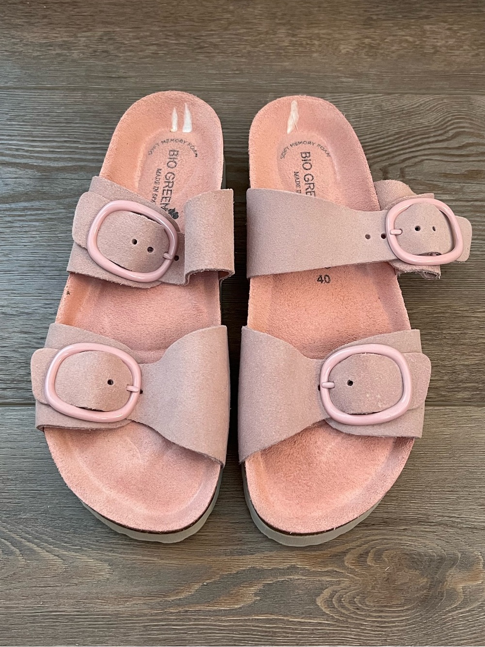 Pink Double-Buckle Suede Sandals
